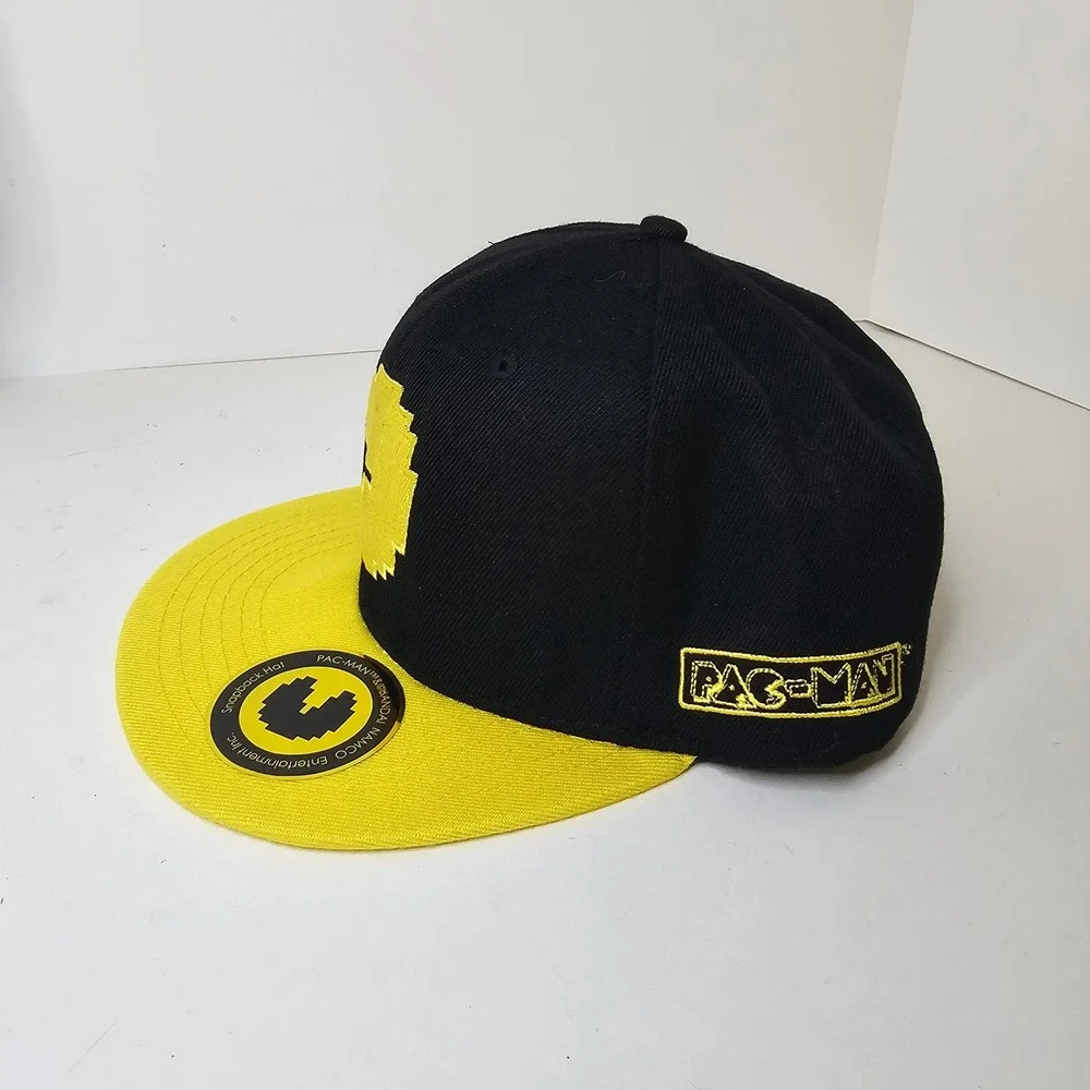 Pac-Man Snapback Hat Black Yellow Pixel Ghost Retro style Flat Bill Cap